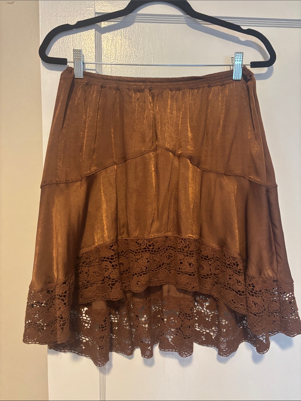 Women's Asymmetrical Lace-Hem Skirt in Chestnut Brown